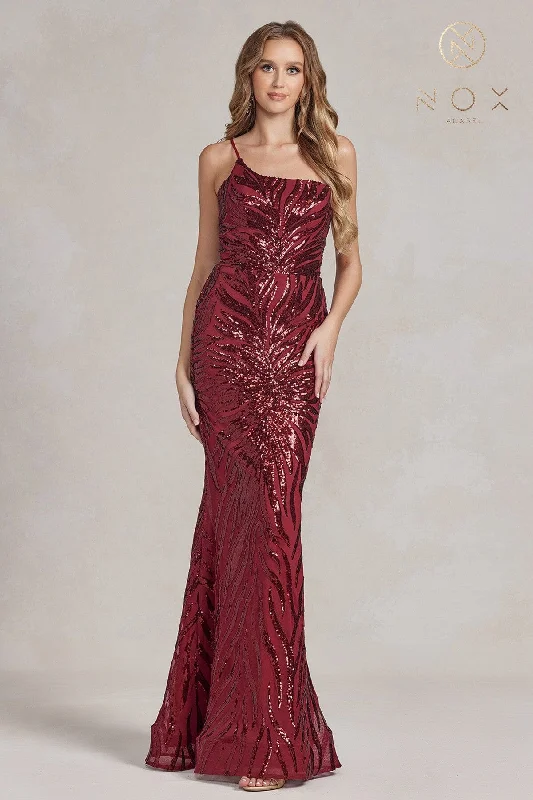 cocktail dresses with lace sleeves for modesty --Sequin Print One Shoulder Gown by Nox Anabel R1204 cocktail dresses with lace sleeves for modesty --Sequin Print One Shoulder Gown by Nox Anabel R1204