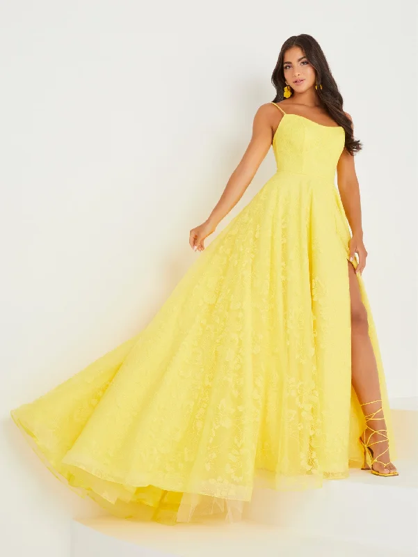 Bold wedding guest dresses in jewel tones for evening weddings -Glitter Applique Sleeveless Slit Gown by Tiffany Designs 16034