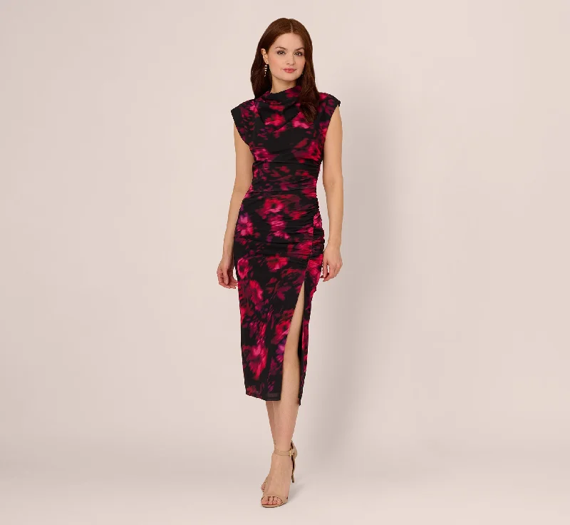 Wedding guest dresses with statement sleeves for a bold appearance -Floral Print Jersey Ankle Length Dress With Draped Details In Black Pink Multi Wedding guest dresses with statement sleeves for a bold appearance -Floral Print Jersey Ankle Length Dress With Draped Details In Black Pink Multi