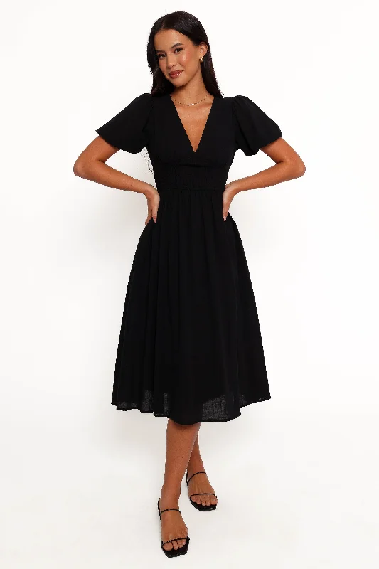 cocktail dresses with satin belts for waist definition --Ronnie Short Sleeve Midi Dress - Black cocktail dresses with satin belts for waist definition --Ronnie Short Sleeve Midi Dress - Black