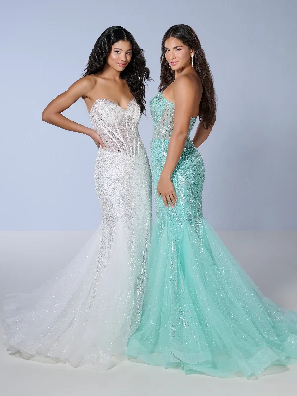 formal dresses with built-in shapewear for smooth silhouette --Beaded Strapless Mermaid Dress by Tiffany Designs 16232