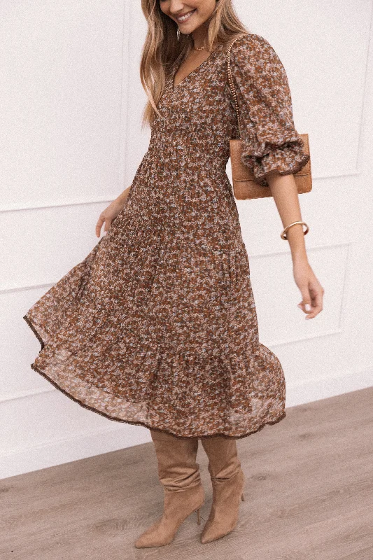 Elegant spring dresses for a wedding guest look -Simone Midi Dress - Camel