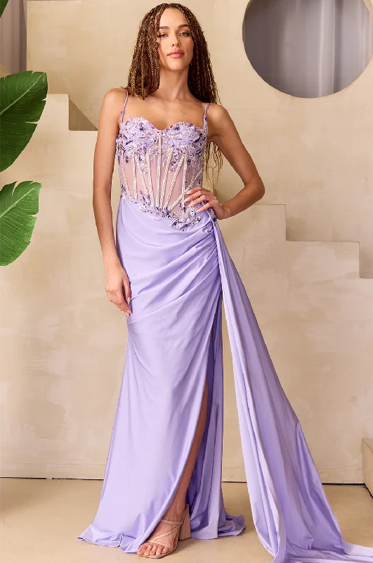 cocktail dresses for petite women with A-line skirts --Beaded Sheer Corset Slit Gown by Amelia Couture 2050 cocktail dresses for petite women with A-line skirts --Beaded Sheer Corset Slit Gown by Amelia Couture 2050