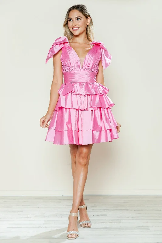 Beautiful cocktail dresses for bridesmaids -Taffeta Short Bow Ruffled Dress by Poly USA 9742 Beautiful cocktail dresses for bridesmaids -Taffeta Short Bow Ruffled Dress by Poly USA 9742