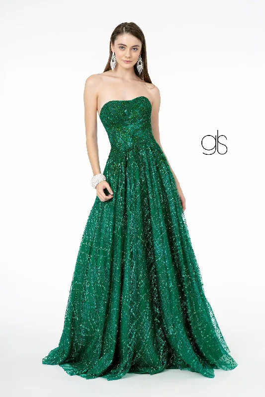formal dresses for holiday parties in jewel tones --Long A-Line Strapless Glitter Dress by Elizabeth K GL2921 formal dresses for holiday parties in jewel tones --Long A-Line Strapless Glitter Dress by Elizabeth K GL2921