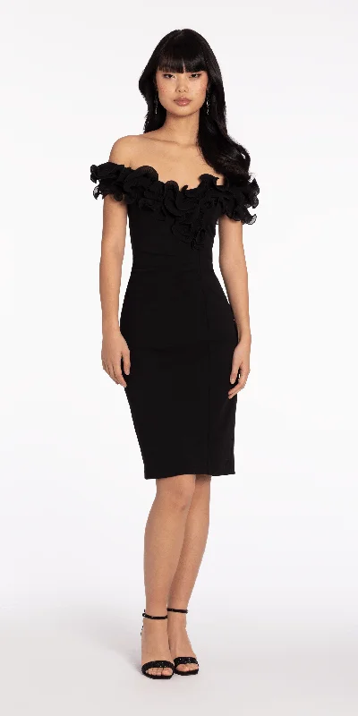 Affordable graduation dresses for fashion-forward students -Ruffle Off the Shoulder Crepe Midi Dress with Ruching Affordable graduation dresses for fashion-forward students -Ruffle Off the Shoulder Crepe Midi Dress with Ruching