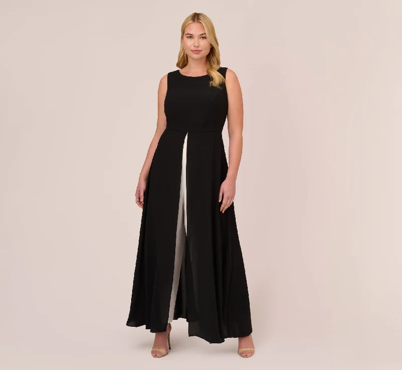 Elegant spring dresses with flowing skirts for added volume -Plus Size Colorblock Jumpsuit With Skirt Overlay In Black Ivory Elegant spring dresses with flowing skirts for added volume -Plus Size Colorblock Jumpsuit With Skirt Overlay In Black Ivory