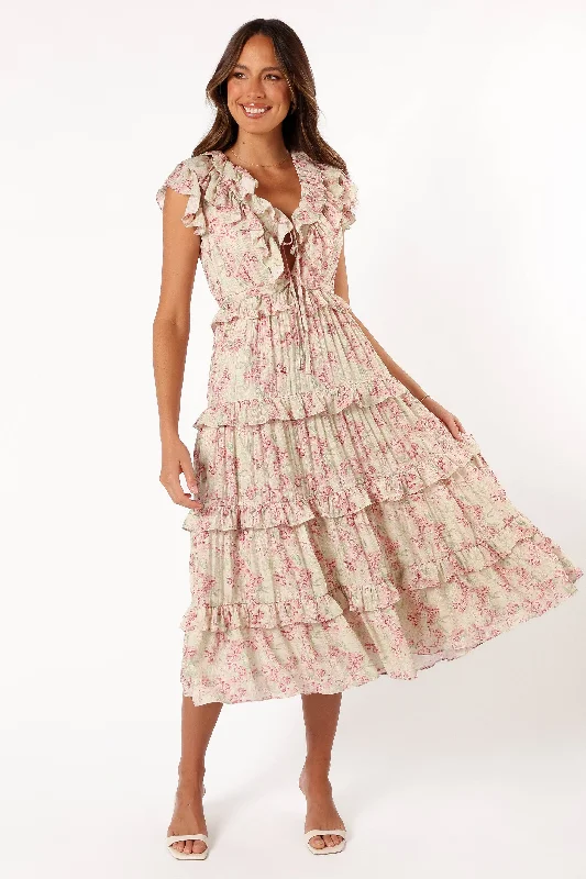 Wedding guest dresses with halter necks for a flattering style -Levelle Midi Ruffle Dress - Ivory/Red Green Floral Wedding guest dresses with halter necks for a flattering style -Levelle Midi Ruffle Dress - Ivory/Red Green Floral
