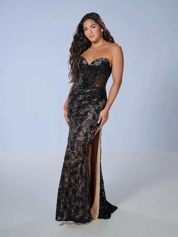 cocktail dresses with corset tops for structured fit --Beaded Lace Strapless Slit Gown by Tiffany Designs 16236 cocktail dresses with corset tops for structured fit --Beaded Lace Strapless Slit Gown by Tiffany Designs 16236