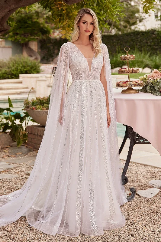formal dresses for post-surgery patients with easy closures --Sequin Cape Sleeve Bridal Gown by Ladivine CD852W formal dresses for post-surgery patients with easy closures --Sequin Cape Sleeve Bridal Gown by Ladivine CD852W
