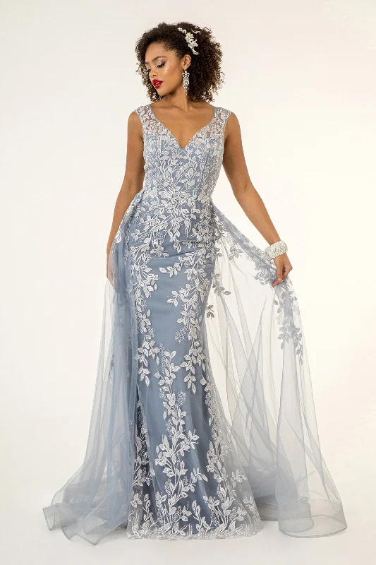 Wedding guest dresses for daytime events with a casual flair -Floral Embroidered Overskirt Gown by Elizabeth K GL1920 Wedding guest dresses for daytime events with a casual flair -Floral Embroidered Overskirt Gown by Elizabeth K GL1920
