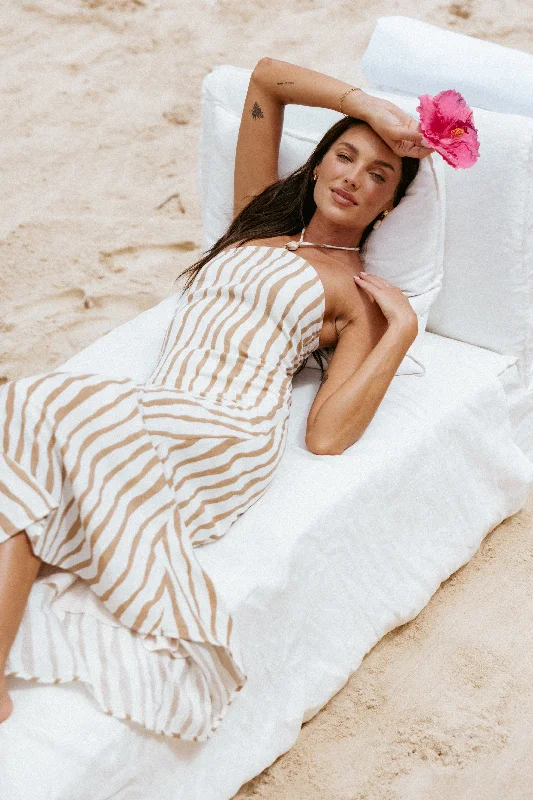 Simple but elegant dresses for black-tie parties -Kim Halter Maxi Dress - Tan Stripe Simple but elegant dresses for black-tie parties -Kim Halter Maxi Dress - Tan Stripe