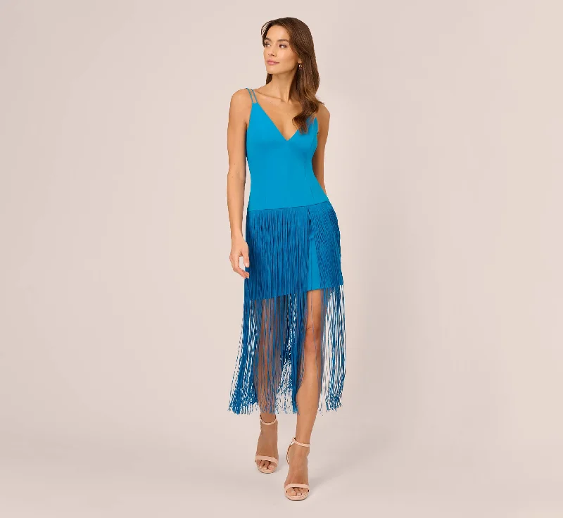 Wedding guest dresses with an empire waist for a classic look -Crepe Fringe Dress With Double Spaghetti Straps And V Back In Deep Cerulean Wedding guest dresses with an empire waist for a classic look -Crepe Fringe Dress With Double Spaghetti Straps And V Back In Deep Cerulean