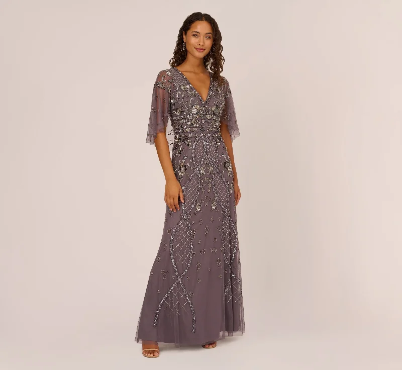 formal dresses with mesh sleeves for subtle coverage --Sequin Beaded Gown With Sheer Cape Sleeves In Moonscape