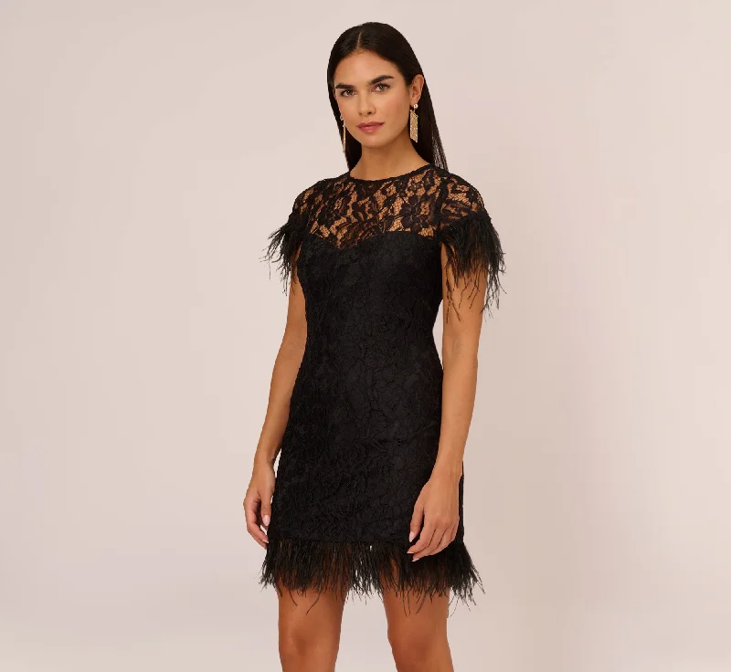 Best wedding guest dresses for daytime ceremonies -Floral Lace And Feather Trimmed Short Sheath Cocktail Dress In Black Best wedding guest dresses for daytime ceremonies -Floral Lace And Feather Trimmed Short Sheath Cocktail Dress In Black