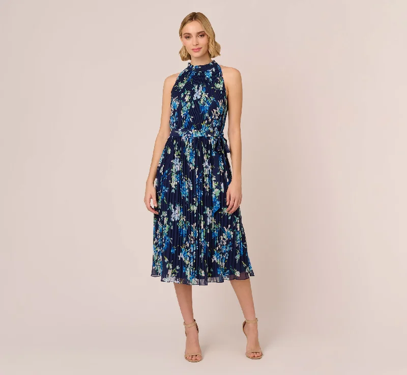 Flattering spring dresses for curvy figures -Floral Pleated Chiffon Dress With Mock Neckline In Navy Multi Flattering spring dresses for curvy figures -Floral Pleated Chiffon Dress With Mock Neckline In Navy Multi