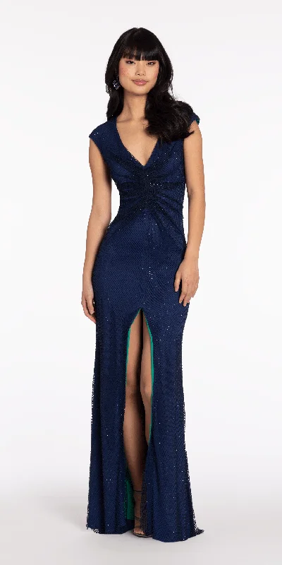 formal dresses for petite women with empire waist --Fishnet Cap Sleeve V Neck Column Dress with Front Slit formal dresses for petite women with empire waist --Fishnet Cap Sleeve V Neck Column Dress with Front Slit