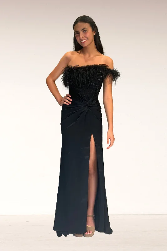 cocktail dresses with satin sashes for waist accentuation --Feather Off Shoulder Slit Gown by Lucci Lu 1326 cocktail dresses with satin sashes for waist accentuation --Feather Off Shoulder Slit Gown by Lucci Lu 1326