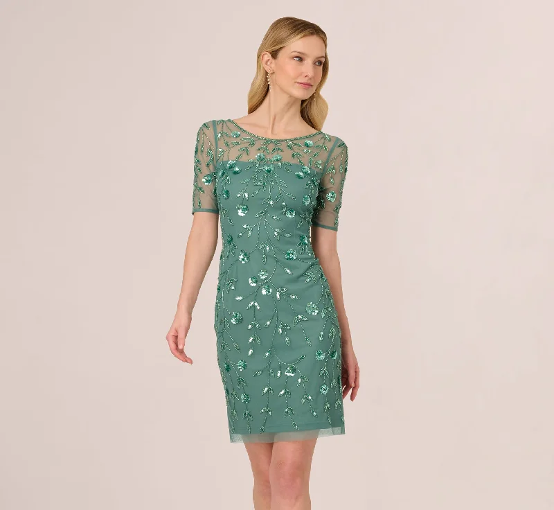 Sophisticated wedding guest dresses with subtle embellishments -3D Floral Beaded Dress With Sheer Short Sleeves In Green Slate Sophisticated wedding guest dresses with subtle embellishments -3D Floral Beaded Dress With Sheer Short Sleeves In Green Slate