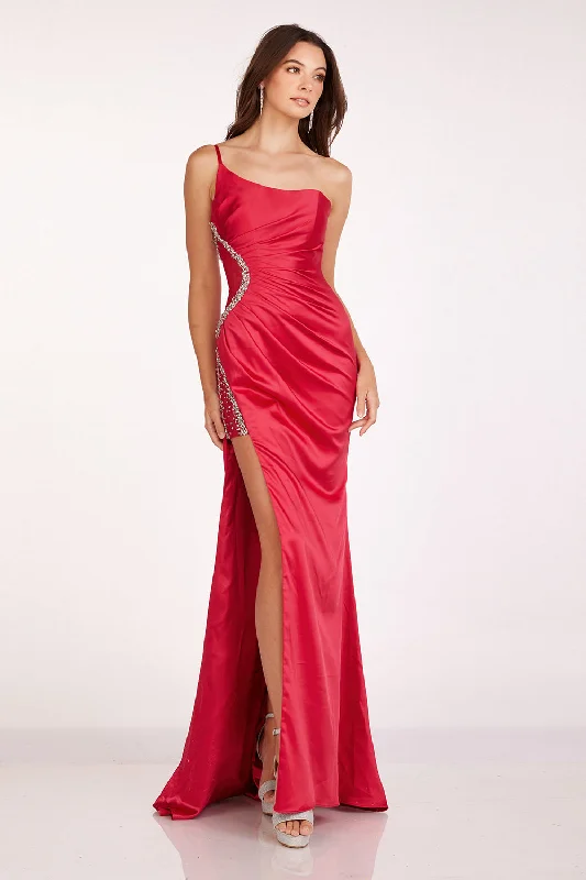 cocktail dresses with beaded bodices for sparkle --Satin One Shoulder Slit Gown by Abby Paris 90259 cocktail dresses with beaded bodices for sparkle --Satin One Shoulder Slit Gown by Abby Paris 90259
