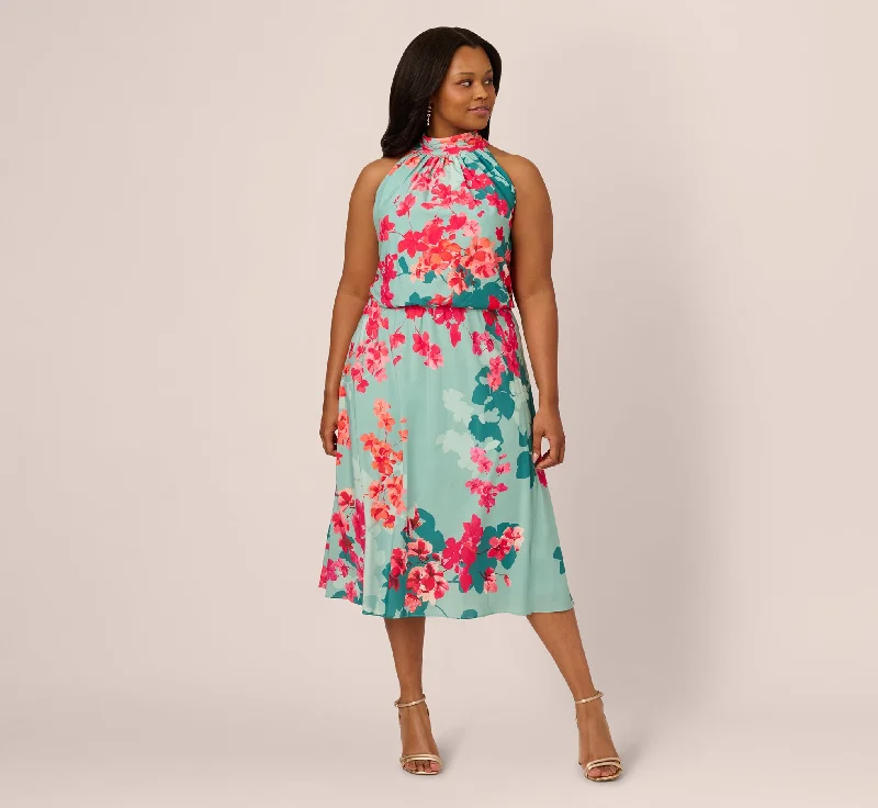 Boho spring dresses for a festival look -Plus Size Floral Chiffon Midi Halter Dress In Turquoise Multi Boho spring dresses for a festival look -Plus Size Floral Chiffon Midi Halter Dress In Turquoise Multi