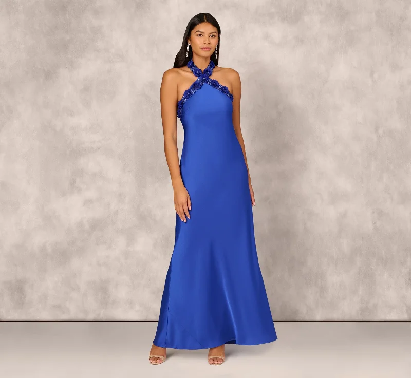 formal dresses for prom with sweetheart necklines --Satin Floral Beaded Halter Mermaid Gown In Deep Sapphire formal dresses for prom with sweetheart necklines --Satin Floral Beaded Halter Mermaid Gown In Deep Sapphire