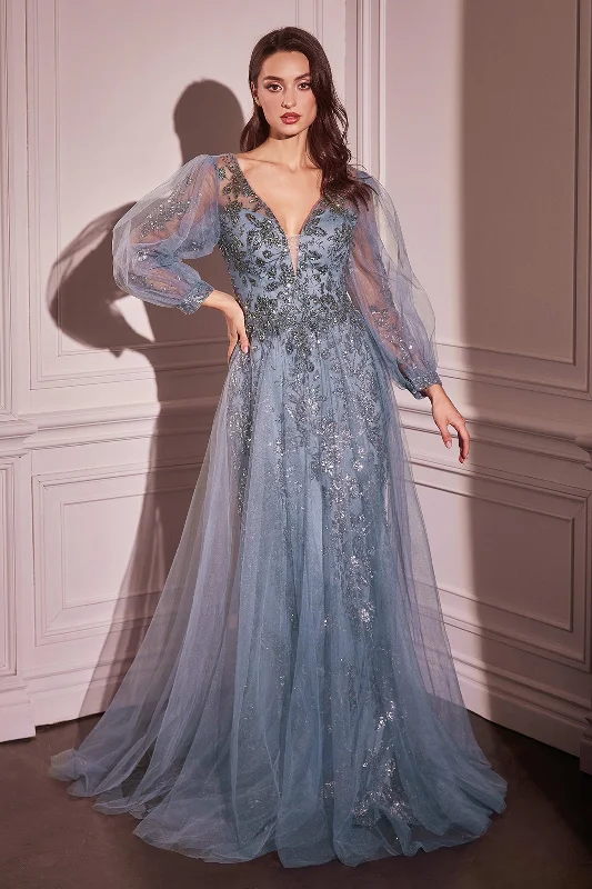 Gorgeous black and white wedding guest dresses -Beaded Long Sleeve A-line Gown by Ladivine CD0102