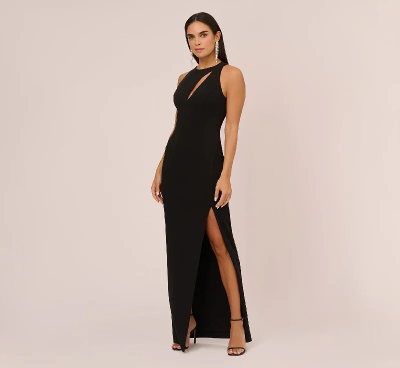 formal dresses with satin fabric for smooth texture --Knit Crepe Sleeveless Column Gown With Cutout Neckline In Black