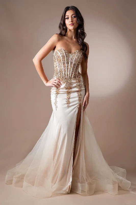 cocktail dresses with tiered skirts for playful movement --Fitted Beaded Strapless Slit Gown by Amelia Couture 7051 - Outlet