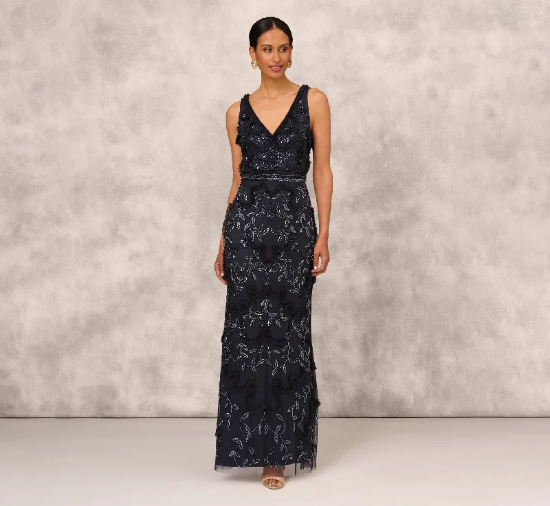 formal dresses for cocktail parties with fitted silhouettes --Beaded Ruffle Sleeveless Gown With V-Neck And Back In Twilight