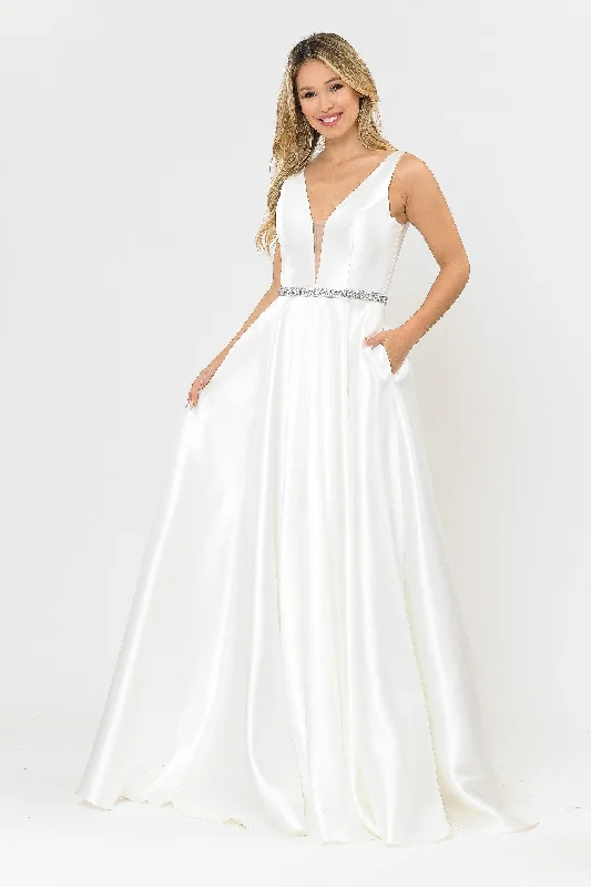 bridesmaid dresses with sequined bodices for sparkle --Long Illusion V-Neck Mikado Dress by Poly USA 8682 bridesmaid dresses with sequined bodices for sparkle --Long Illusion V-Neck Mikado Dress by Poly USA 8682