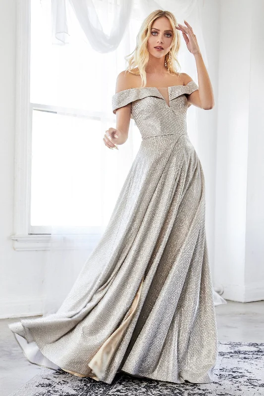 Budget-friendly wedding guest dresses that look expensive -Long Off Shoulder Metallic Dress by Cinderella Divine CD162 Budget-friendly wedding guest dresses that look expensive -Long Off Shoulder Metallic Dress by Cinderella Divine CD162
