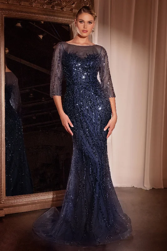 Wedding guest dresses with floral prints for spring weddings -Sequin Fitted 3/4 Sleeve Gown by Ladivine CD0105 Wedding guest dresses with floral prints for spring weddings -Sequin Fitted 3/4 Sleeve Gown by Ladivine CD0105