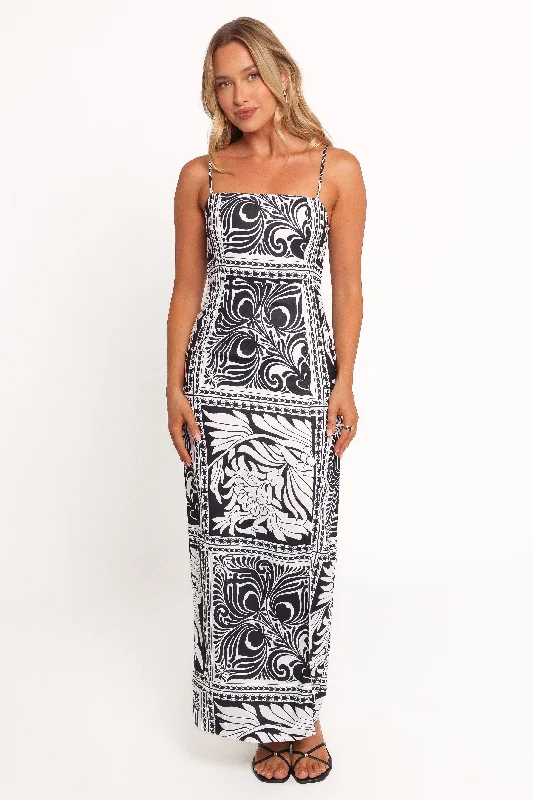 Stylish ruffle dresses for flirty cocktail parties -Riley Printed Midi Dress - Black Stylish ruffle dresses for flirty cocktail parties -Riley Printed Midi Dress - Black