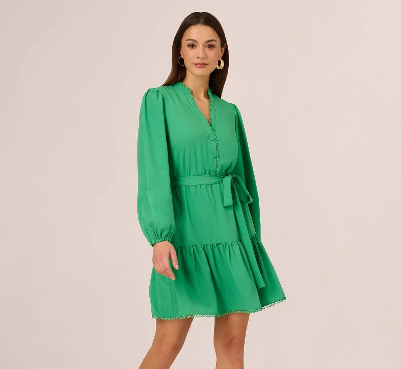 Wedding guest dresses for evening parties with friends -Long Sleeve Scallop Trim Short Dress In Green Wedding guest dresses for evening parties with friends -Long Sleeve Scallop Trim Short Dress In Green