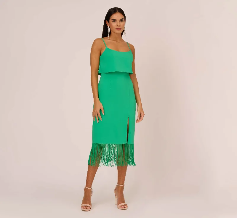Best wedding guest dresses for a formal evening affair -Stretch Crepe Popover Midi Dress With Fringe Hem In Summer Green Best wedding guest dresses for a formal evening affair -Stretch Crepe Popover Midi Dress With Fringe Hem In Summer Green