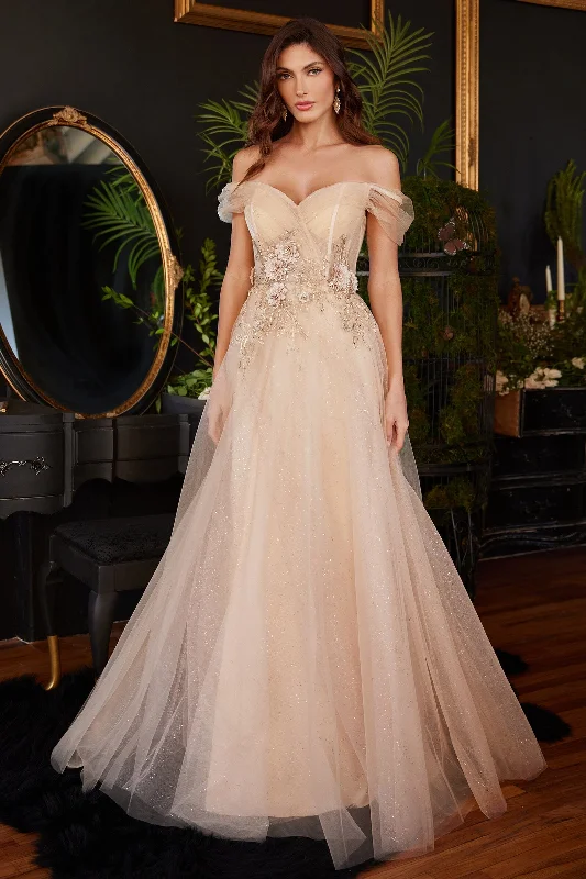 cocktail dresses with halter tops for chic style --3D Floral Off Shoulder Tulle Gown by Ladivine CD3395 cocktail dresses with halter tops for chic style --3D Floral Off Shoulder Tulle Gown by Ladivine CD3395