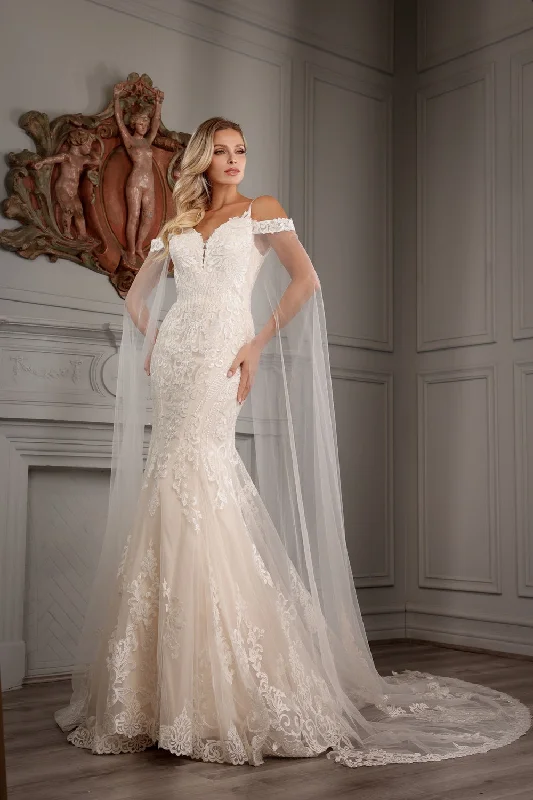 Unique wedding guest dresses with modern accents -Cape Sleeve Mermaid Bridal Gown by Abby Lane 97160 Unique wedding guest dresses with modern accents -Cape Sleeve Mermaid Bridal Gown by Abby Lane 97160