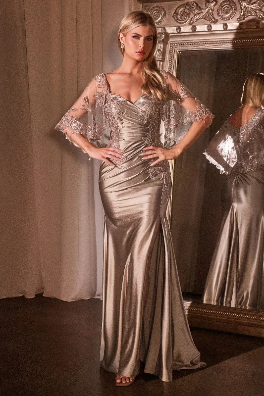 Comfortable wedding guest dresses for dancing and long hours -Applique Satin Capelet Slit Gown by Ladivine CDS499 - Outlet Comfortable wedding guest dresses for dancing and long hours -Applique Satin Capelet Slit Gown by Ladivine CDS499 - Outlet