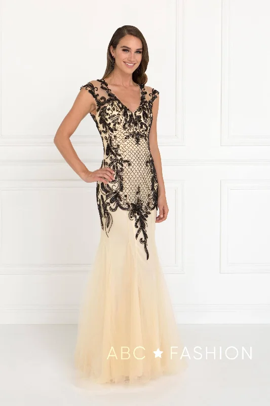 cocktail dresses with sweetheart necklines for romantic looks --Beaded Tulle Champagne/Black Mermaid Gown by Elizabeth K GL2169 cocktail dresses with sweetheart necklines for romantic looks --Beaded Tulle Champagne/Black Mermaid Gown by Elizabeth K GL2169