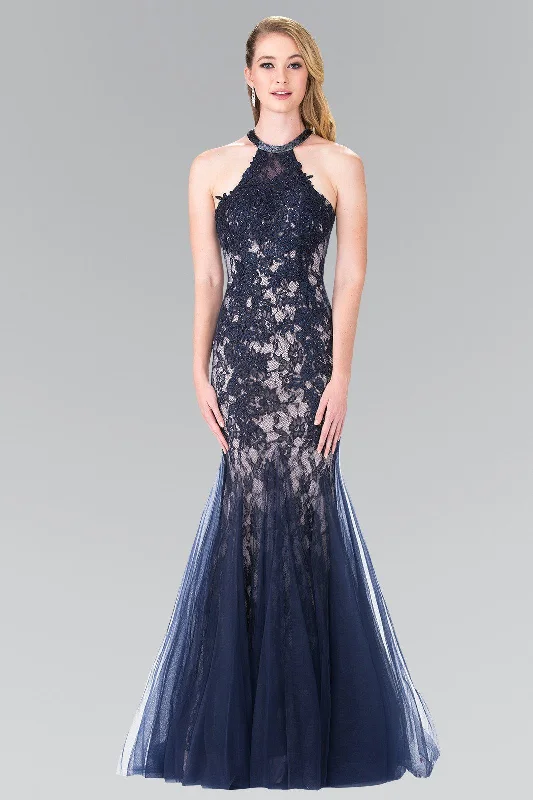 cocktail dresses with satin belts for waist definition --Lace Halter Mermaid Dress by Elizabeth K GL2243