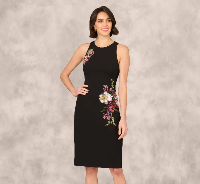 Wedding guest dresses with puff sleeves for a dramatic effect -Sleeveless Sequin Flower Sheath Midi Dress In Black