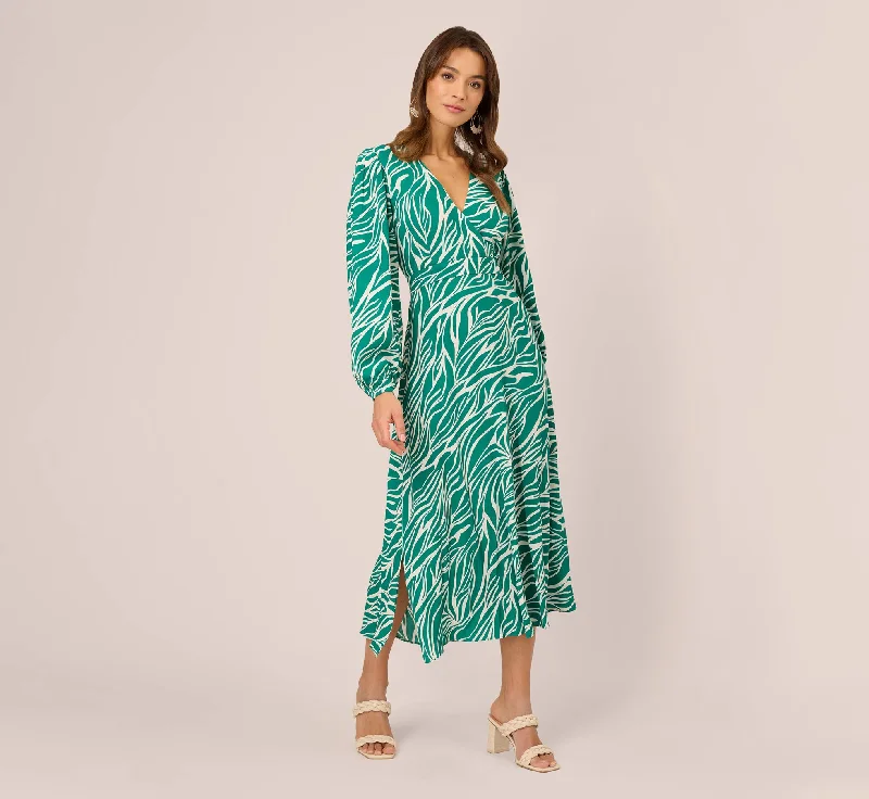 Wedding guest dresses that are comfortable yet chic -Printed Faux Wrap Dress With Bishop Long Sleeves In Green Ivory Wedding guest dresses that are comfortable yet chic -Printed Faux Wrap Dress With Bishop Long Sleeves In Green Ivory
