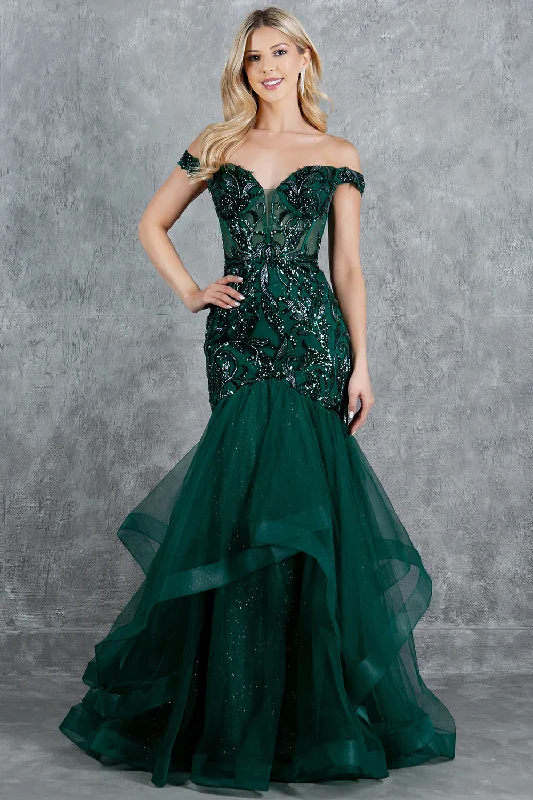 formal dresses for plus size women with A-line skirts --Off Shoulder Ruffled Gown by Cinderella Couture 8274J formal dresses for plus size women with A-line skirts --Off Shoulder Ruffled Gown by Cinderella Couture 8274J