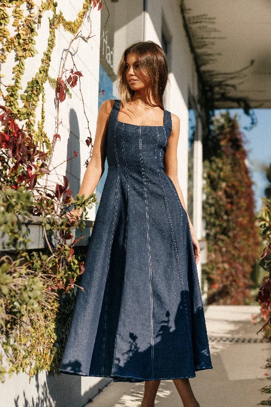 Spring dresses with pockets for added convenience -Callum Midi Dress - Dark Denim