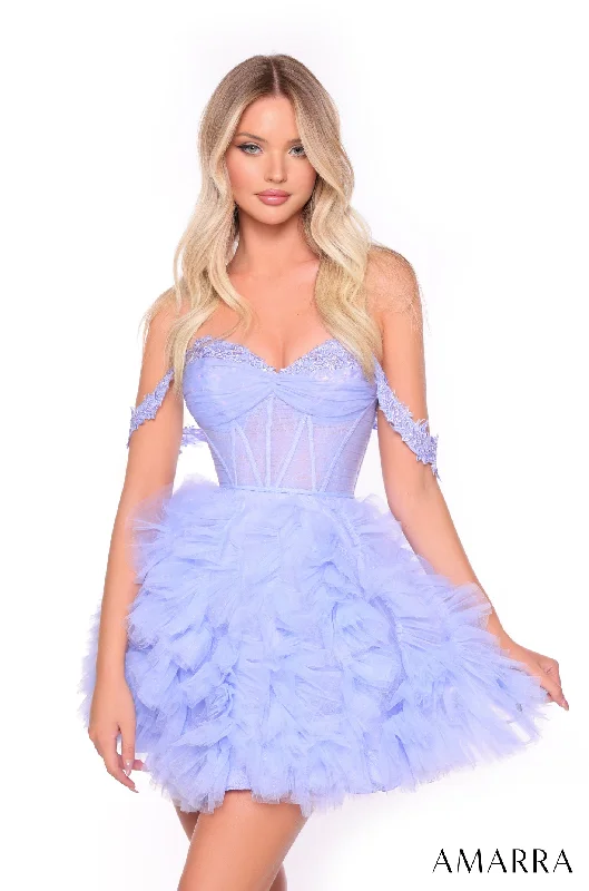 Graduation dresses with an elegant belt for added flair -Short Off Shoulder Ruffled A-line Dress by Amarra 88015 Graduation dresses with an elegant belt for added flair -Short Off Shoulder Ruffled A-line Dress by Amarra 88015