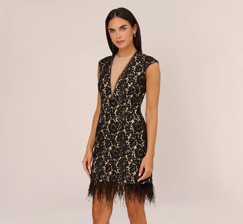 Wedding guest dresses with tiered skirts for maximum volume -Cap Sleeve Lace Cocktail Dress With Feather Trim In Black Nude Wedding guest dresses with tiered skirts for maximum volume -Cap Sleeve Lace Cocktail Dress With Feather Trim In Black Nude