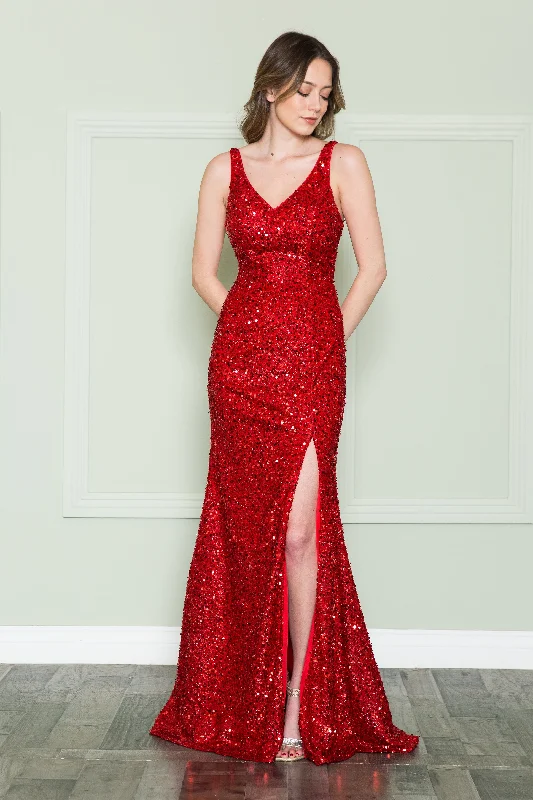formal dresses made from recycled polyester for eco-conscious buyers --Fitted Sleeveless Sequin Gown by Poly USA 8872 formal dresses made from recycled polyester for eco-conscious buyers --Fitted Sleeveless Sequin Gown by Poly USA 8872