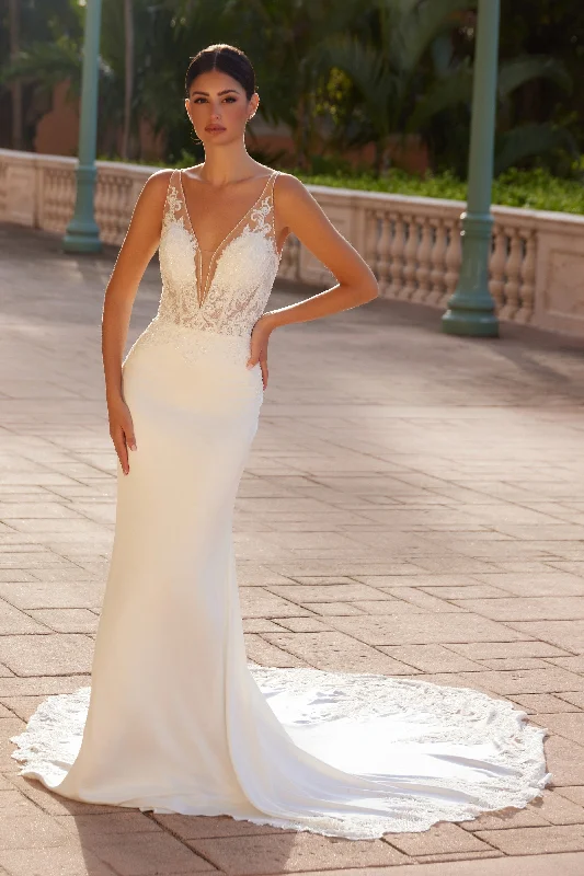 midi cocktail dresses with off shoulder design for evening events --Applique Satin V-Neck Bridal Gown by Nox Anabel JE1022L