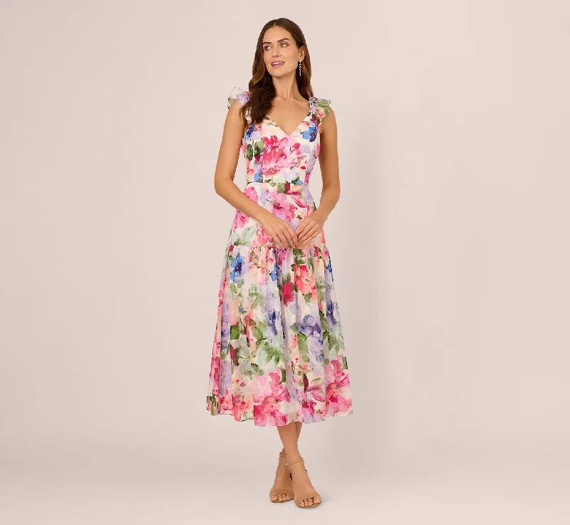 Spring dresses for plus-size women -V Neck Floral Chiffon Midi Dress In Ivory Multi